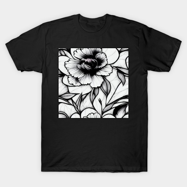 Vintage Floral Cottagecore  Romantic Flower Peony Design Black and White T-Shirt by VintageFlorals